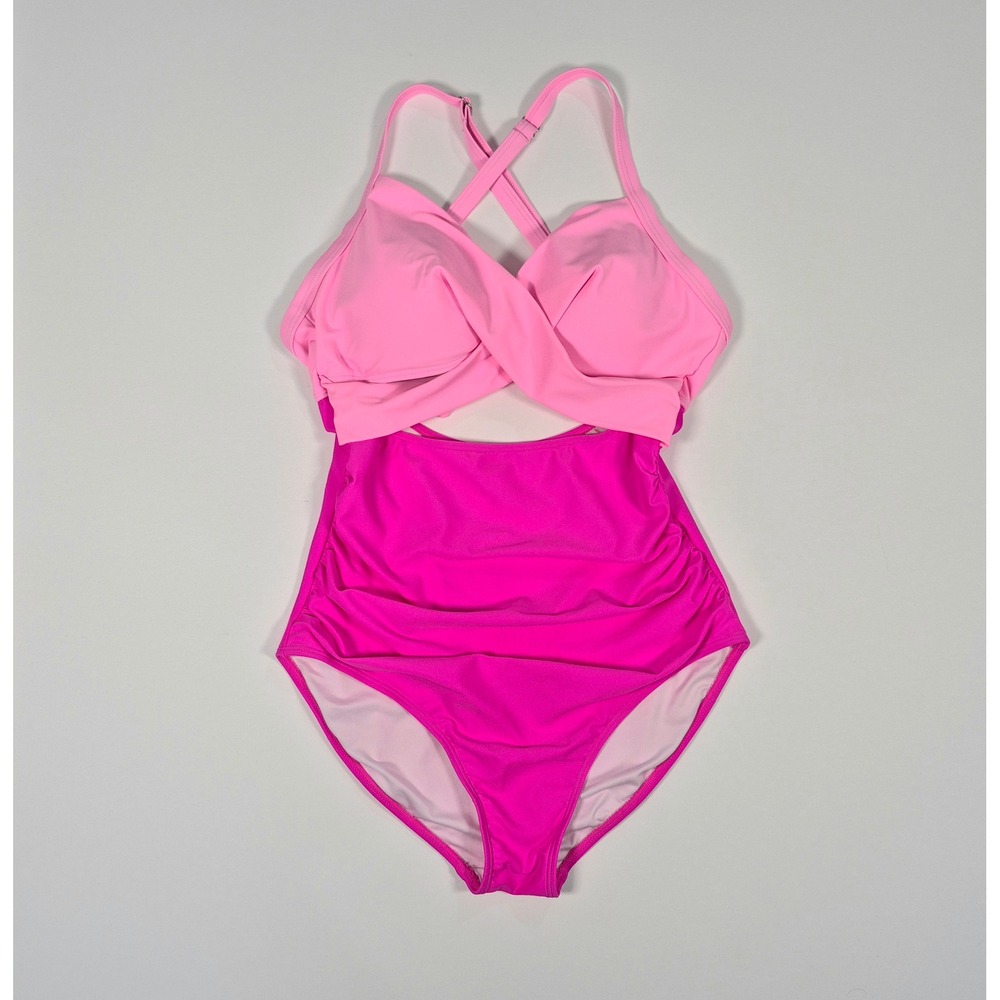 Eomenie Pink Colorblock Ruched Tummy Control One Piece Swimsuit NWT Size Large